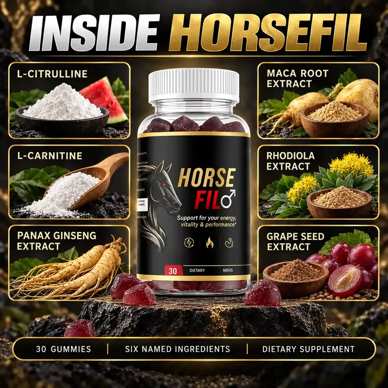 Inside HorseFil graphic naming six ingredients, 30 gummies, dietary supplement