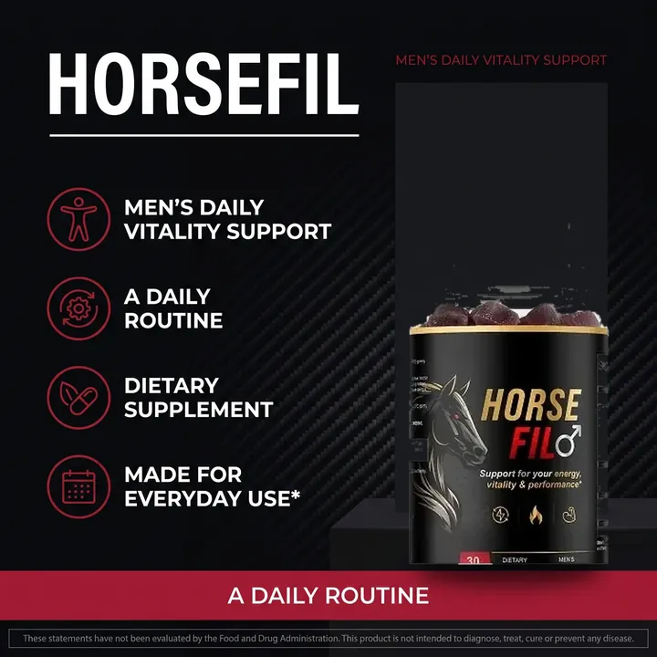HorseFil listing graphic reading Men's daily vitality support, a daily routine, dietary supplement, made for everyday use