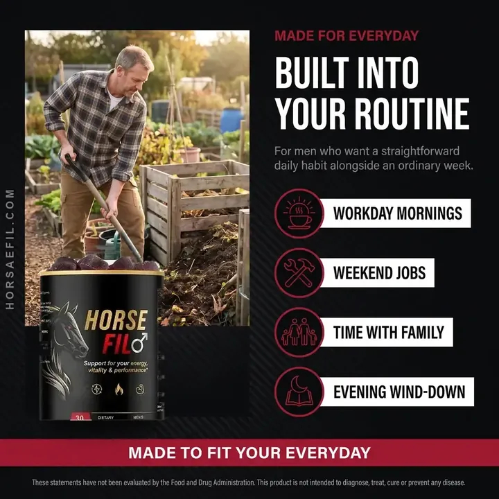Man working in a garden with text: Built into your routine, workday mornings, weekend jobs, time with family, evening wind-down