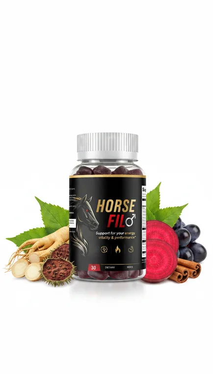 HorseFil bottle on a white table with ginseng root, grapes, beet slices, cinnamon and annatto pods
